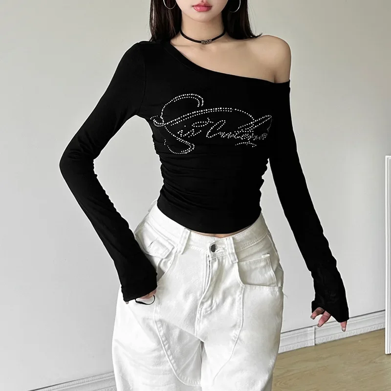 autumn black tshirt women sexy slant one shoulder hot diamond slim fit irregular crop tops open back sequins streetwear pleated