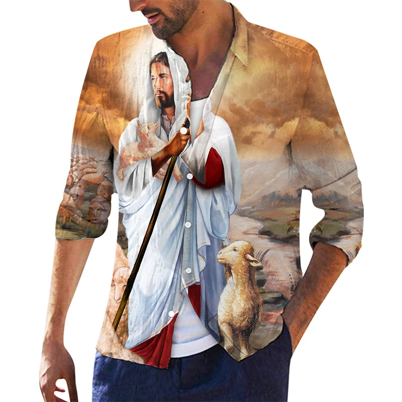 Jesus Christ Crucified Mary Shirts For Men 3d Printed Christians Hawaiian Long Sleeve Oversized Tops Tees Tropical Streetwear