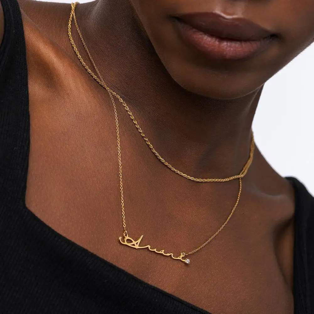 NAME NECKLACE WITH DIAMOND - GOLD Name Jewelry Stainless Steel Personalized Name Necklace Girlfriends Mother's Day Gifts for Mom