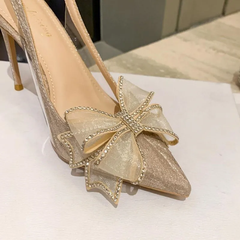 New fine heeled pointy bridal shoes Sparkly material rhinester bow bun head after empty designer banquet luxury high-heeled sand