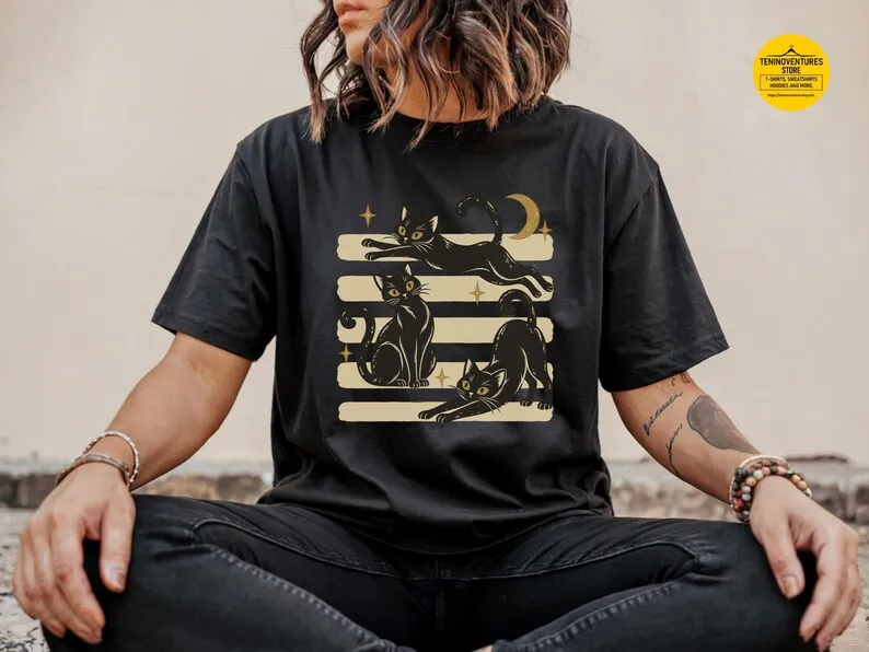 Vintage Black Cat Moon Star Striped Graphic T Shirt Unisex Retro Witchy Feline Short Sleeve Casual Tee Cat Lover Gift