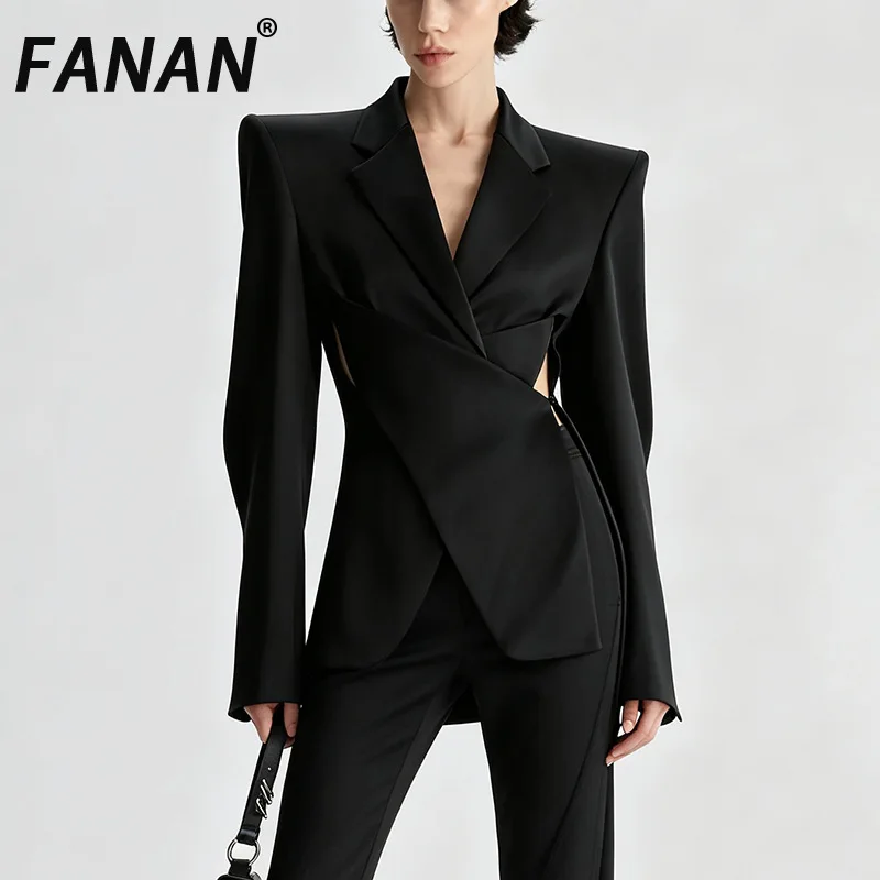 FANAN High Fashion Women Black Satin Blazer Sharp Shoulder Side Cutout Irregular Wrap Slim Long Sleeve Party Ladies Suit Jacket