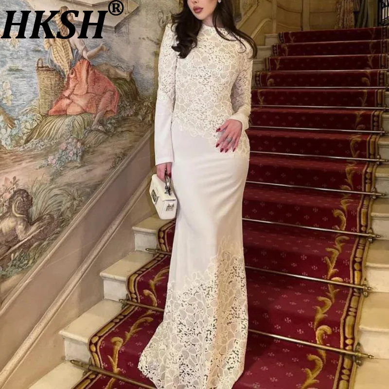 

HKSH Autumn New Women Gown Dress Lace Embroidery Sequins Patchwork O-Neck Long Sleeve Slim Fit Luxury Long Party Dresses HK12843