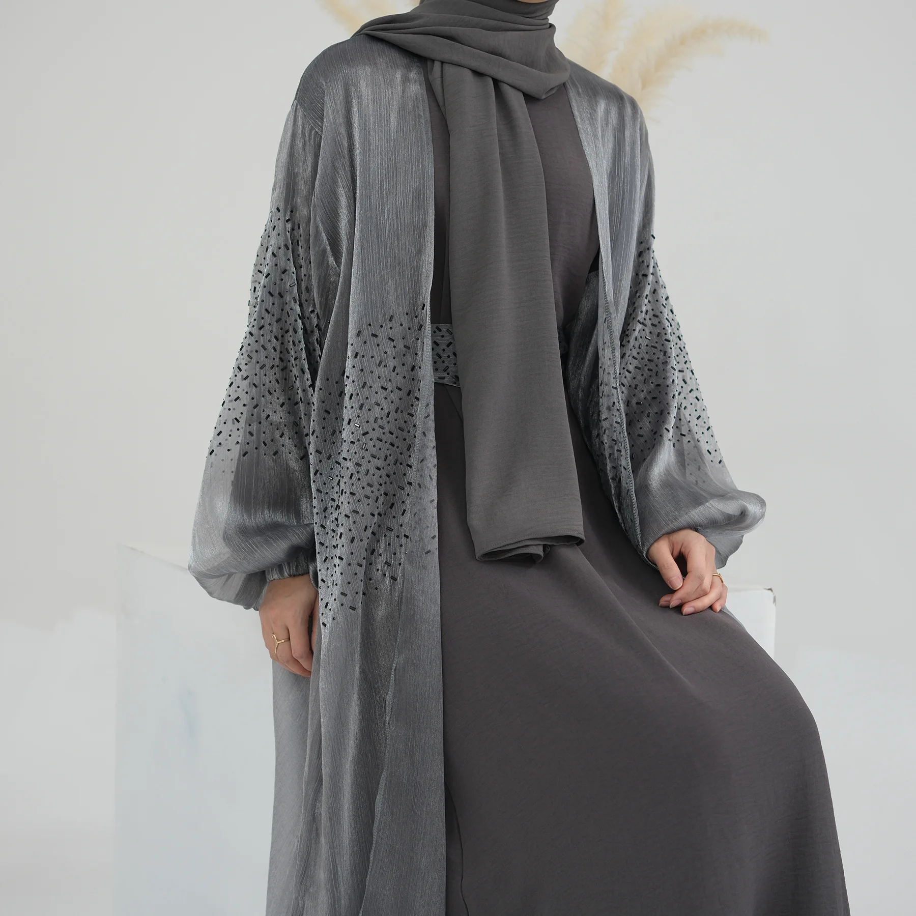 Dubai Solid paillettes manica a bolle abito Ramadan da donna musulmana Maxi Abayas Kimono medio oriente tuffiye caftano Islam abbigliamento