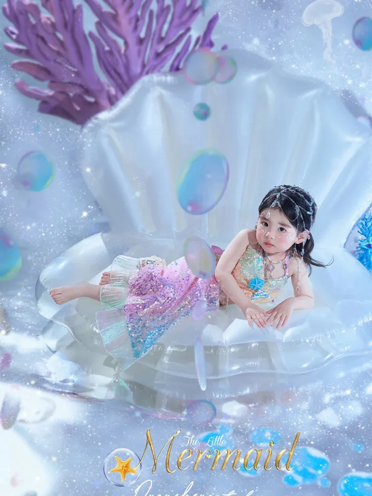 Magical Mermaid Seabed Theme Kids Photography Outfit Sparkling Mermaid Princess Costume Sequined Fishtail Skirt for Studio Photo