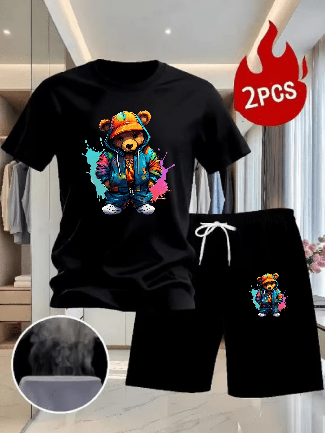 Men Summer 2Pcs High Street Tracksuit Colorful Graffiti Bear Print Short Sleeve T-Shirt + Shorts Casual Sports Outfit