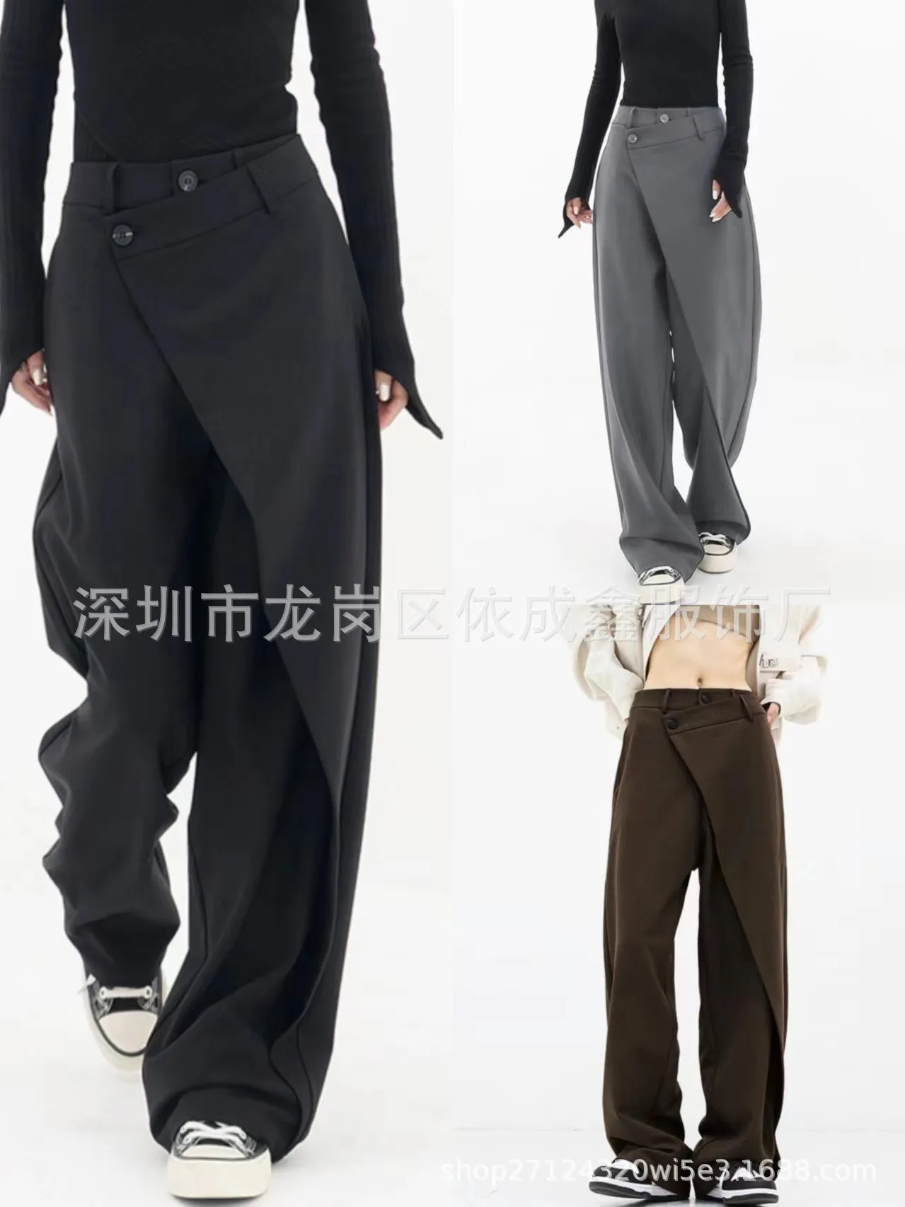 

Autumn Women's Clothing Asymmetrical Button Loose Wide Leg Pants Elegant Long Trousers For Woman Polyester Straight Mid Waist