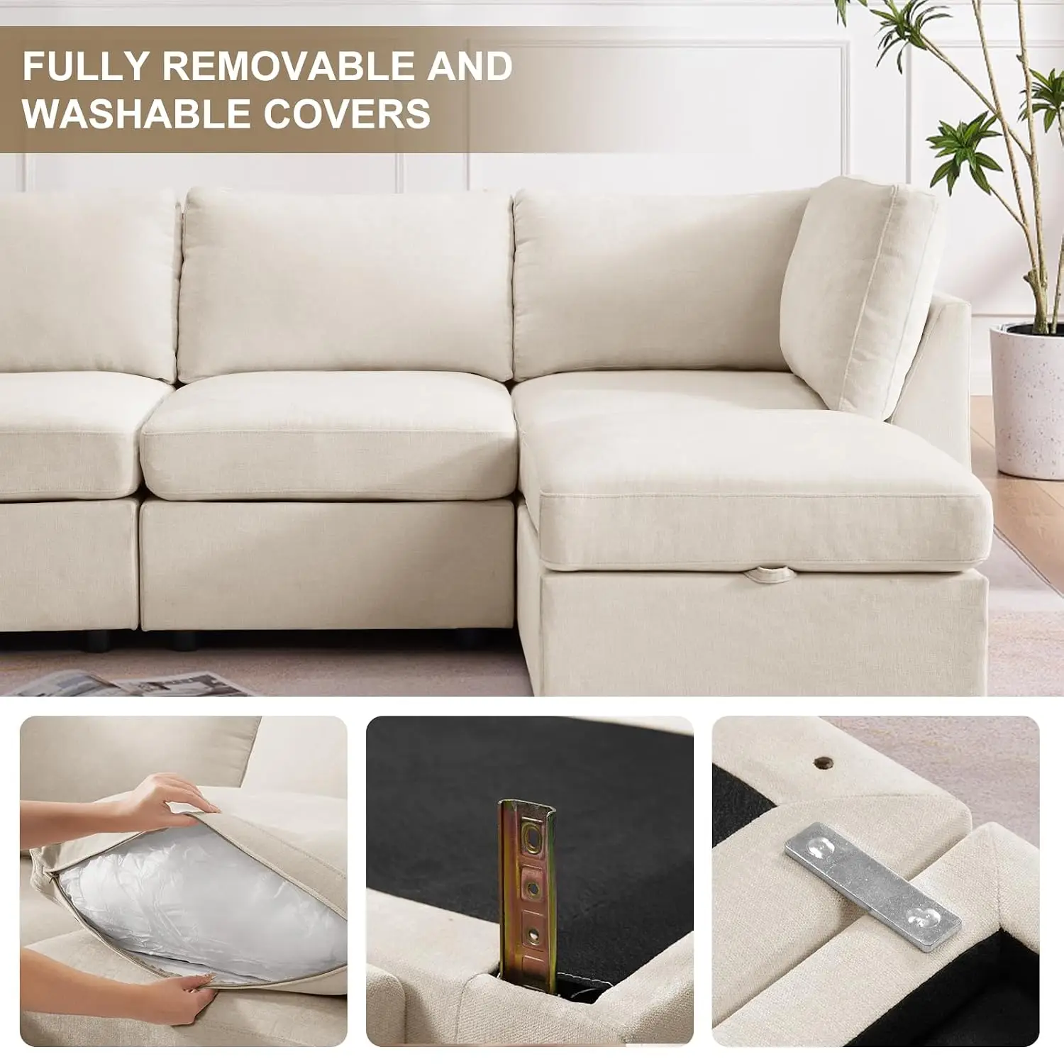 Oversized Modular Sectional Sofa, Extra Large L Shaped Reversible Chaise Couch with Storage Ottoman, Beige, Customized