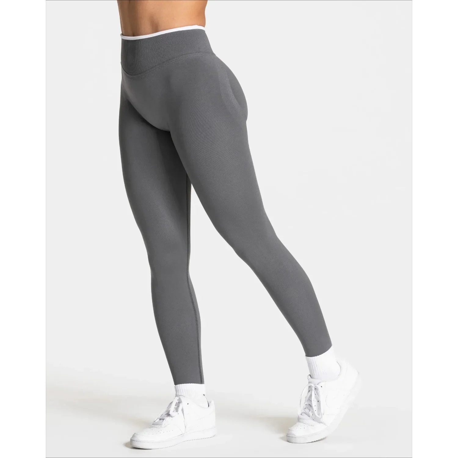 Dames naadloze gym effen kleur sportbroek witte rand taille strakke hoge taille heup tillen yogabroek hardlooptrainingsbroek