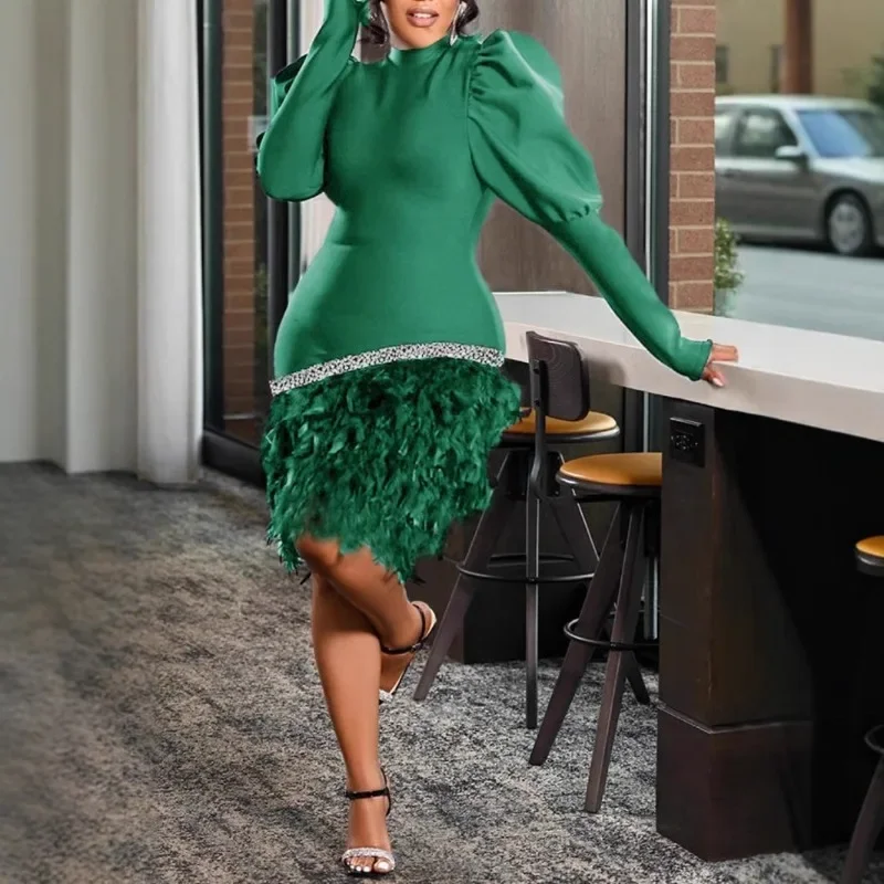 Eleganckie sukienki na jesień i zimę GUWU dla kobiet, na imprezy, wieczorne wyjścia, do klubu nocnego, z bufiastymi rękawami, z piórami na dole, do kolan, sukienki na studniówkę, Vestidos