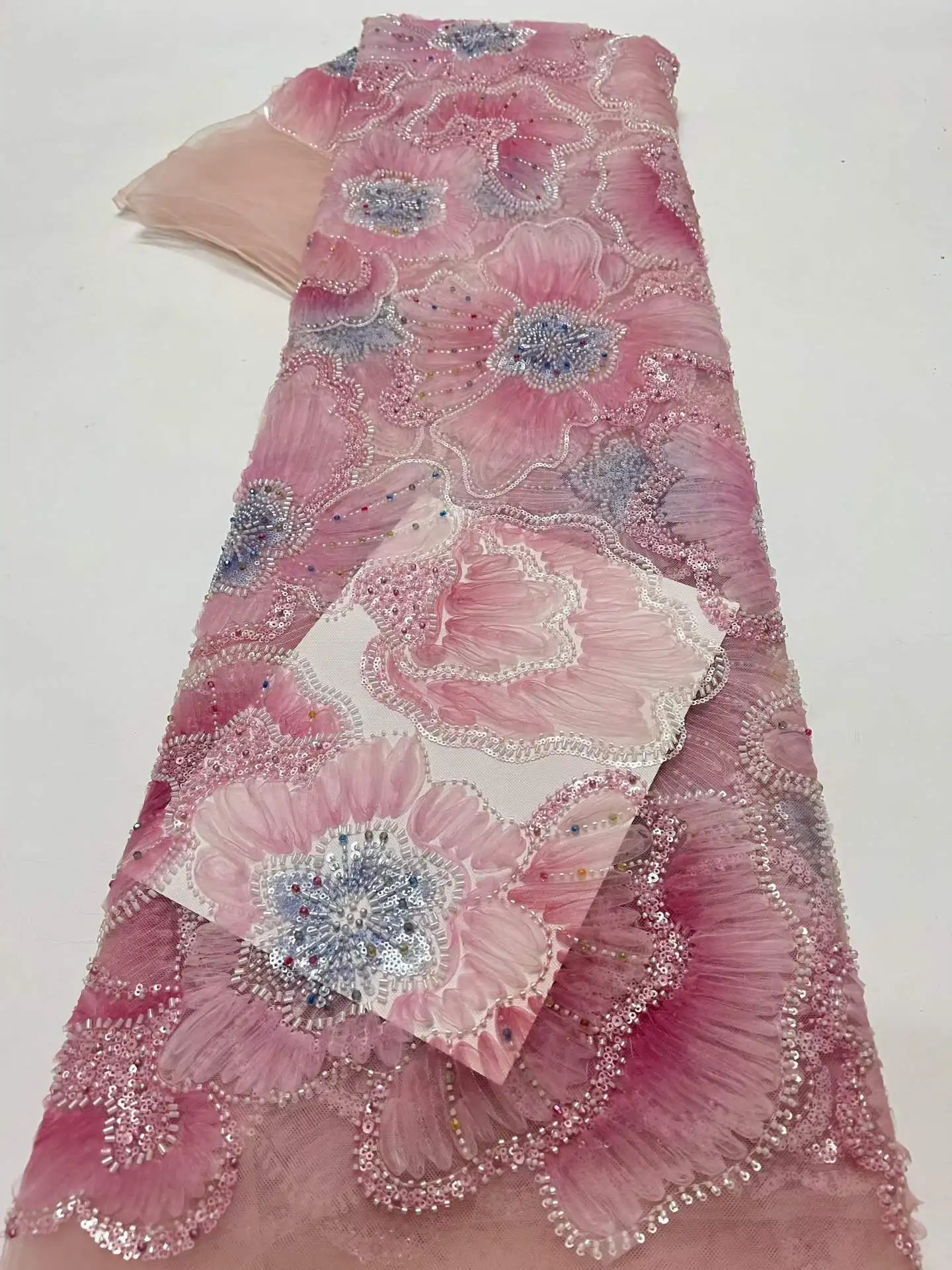 

Luxury Latest French Net Lace Fabric 2026 High Quality 3D Applique African Sequins Tulle Lace Fabric Nigerian For Wedding Dress