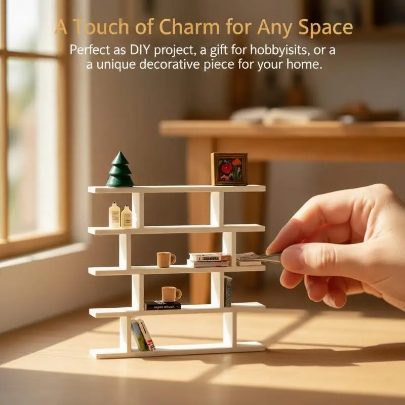 1/12 Miniature Dollhouse White Bookshelf Multi Layer Shelf Rack for Living Room Scene House Model