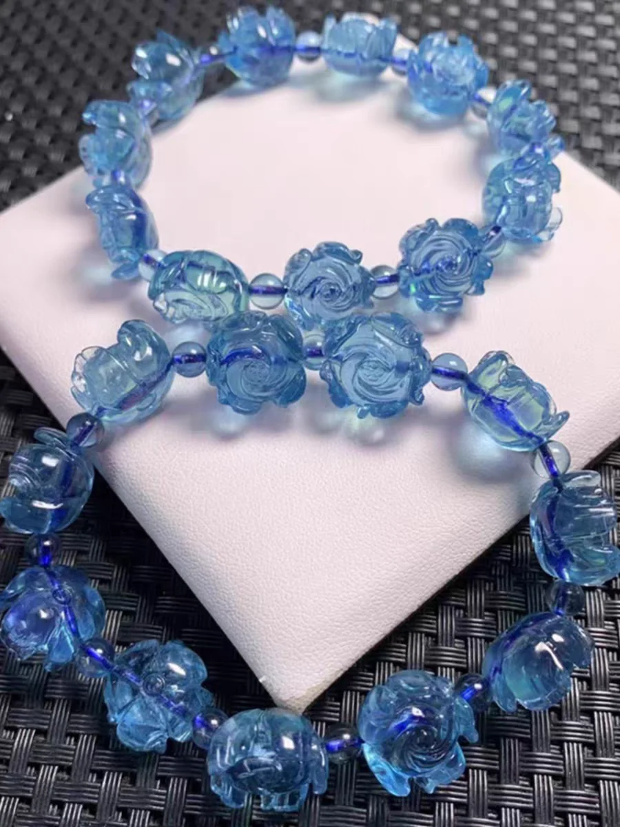 Natural Blue Aquamarine Beads Bracelet 13x13mm Women Men Flower Brazil Stretch Blue Aquamarine Jewelry AAAAAA