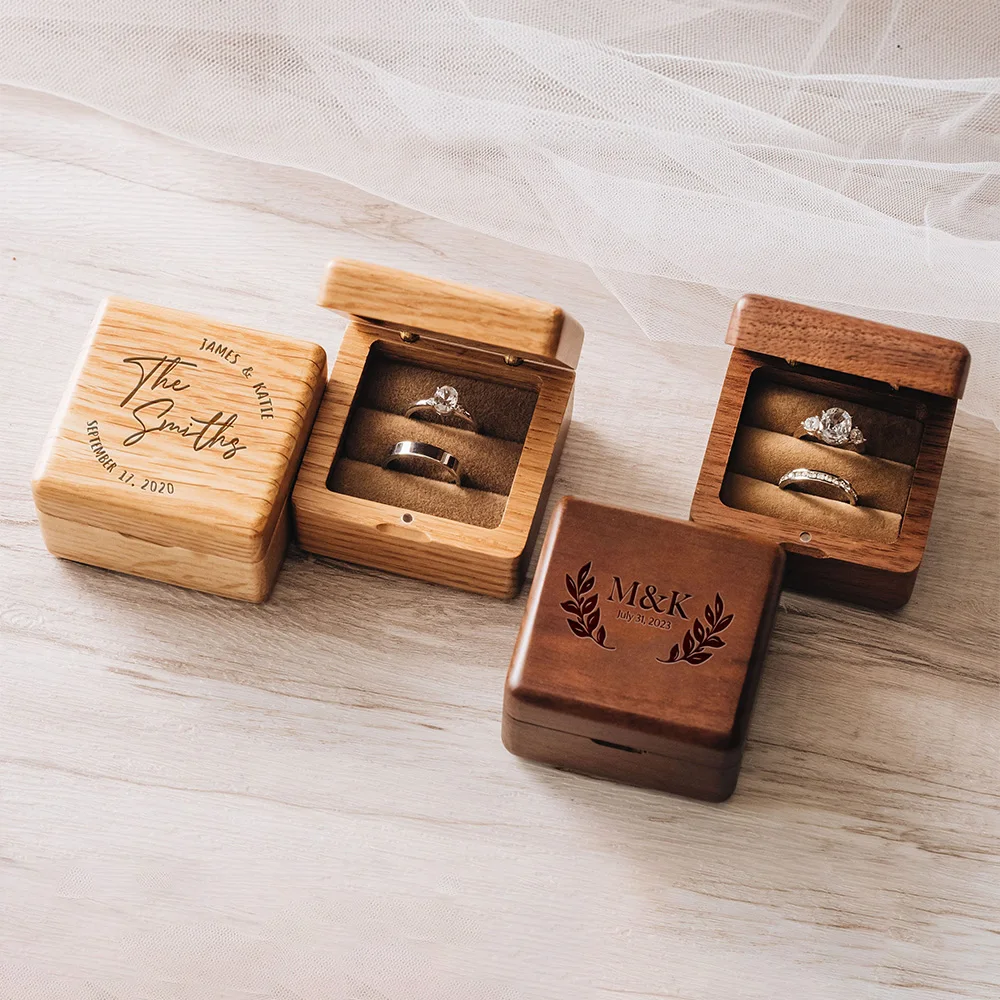 Personalized Walnut Wooden Ring Box, Engagement Wedding Ring Holder Gift for Couples Brides, and Grooms Double Slots Ring Box