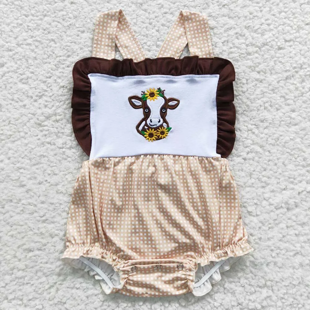 Wholesale Toddler Newborn Summer Checked Short Sleeves Kids Children Embroidery Western Cow Bubble Romper Baby Boy Girl overalls