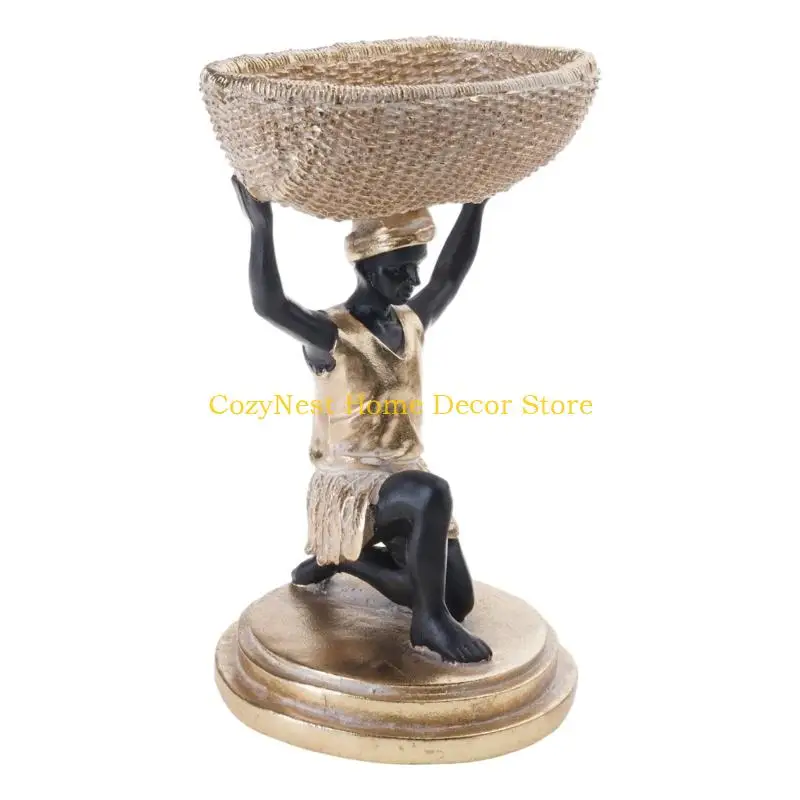 92MF African Man Sculptures with Storage Bowl Handmade Resin African Figurines Exotic Tribal Art Statues for Entryway Table