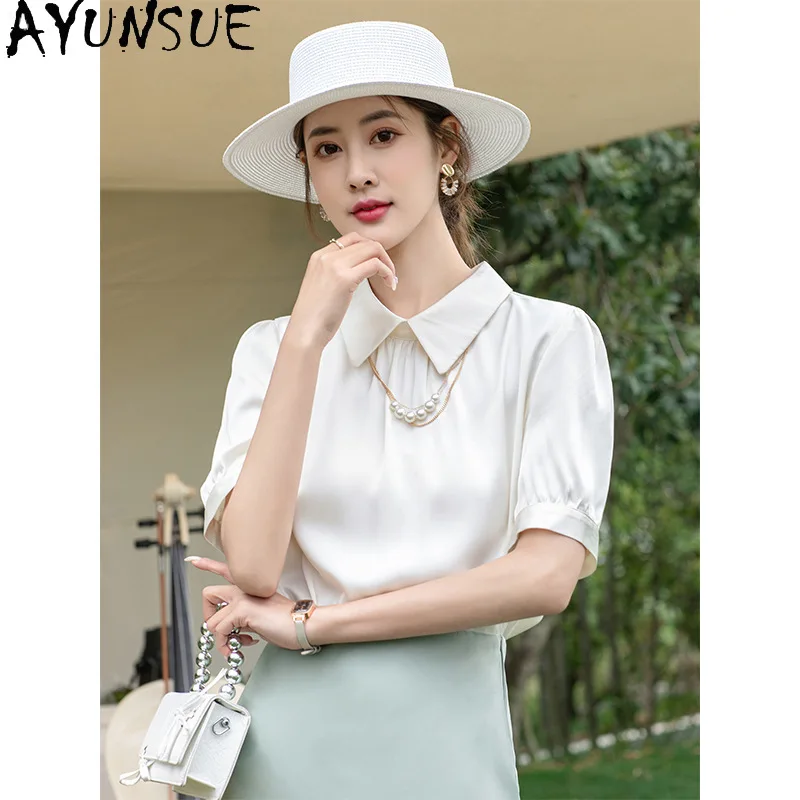 AYUNSUE 100% Silk Women's T-shirts Elegant Solid Color Tops for Woman Lapel Women T Shirts New Arrival Woman Clothes Summer Топ