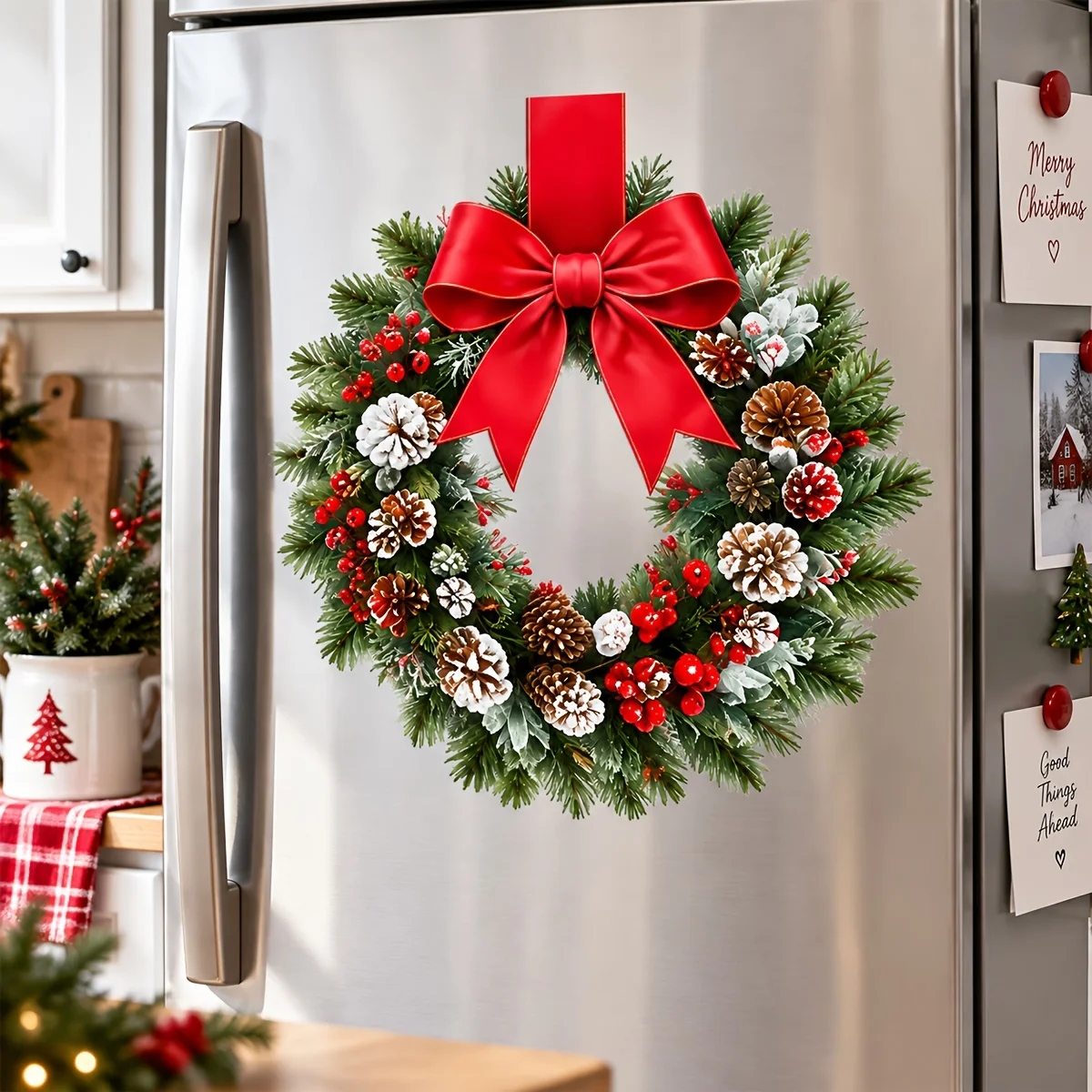 Wall Stickers Christmas Wreath Red Bow Pine Cones Snowy Berries Self Adhesive Removable Waterproof Vinyl Kitchen Holiday Decals