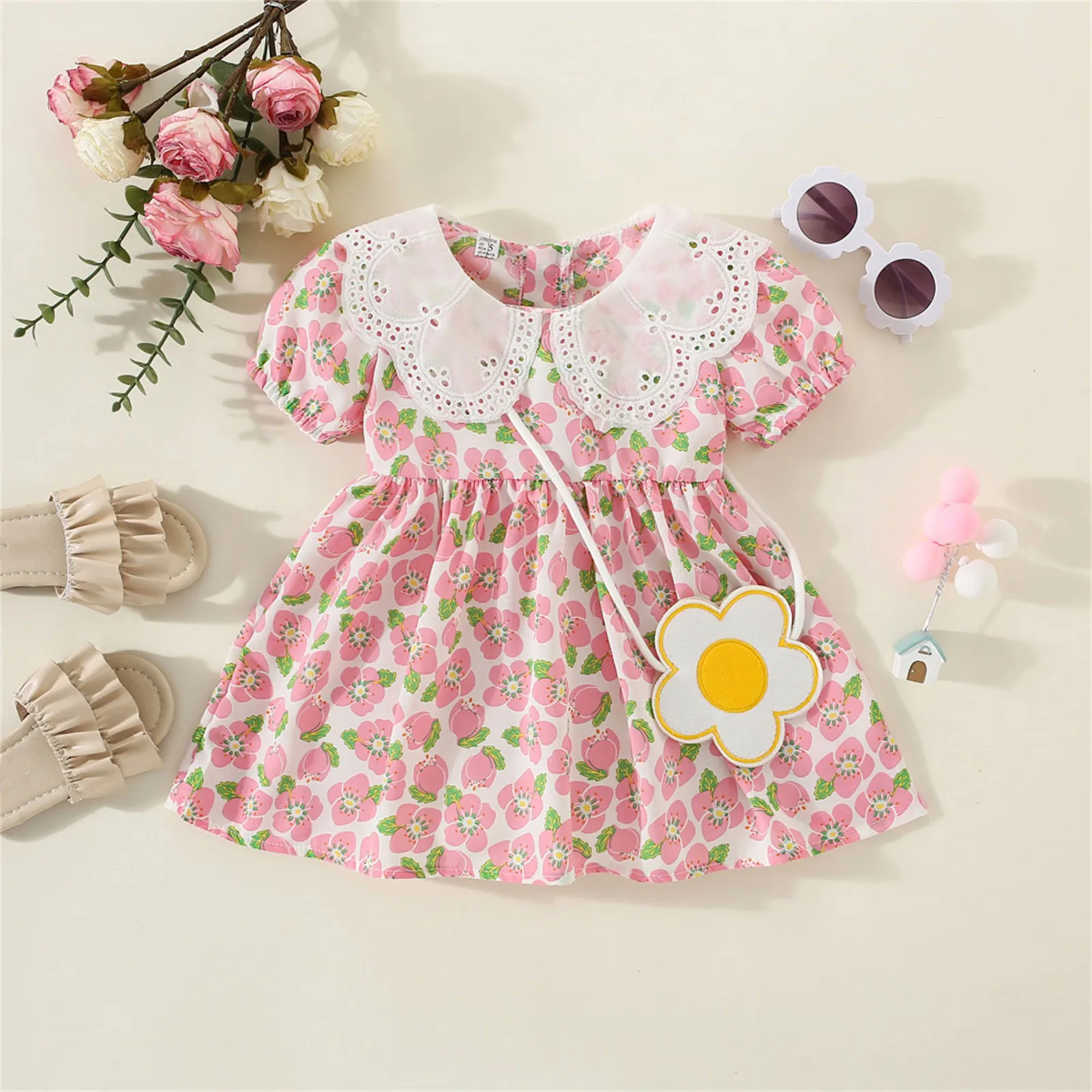 Baby Girl Flower Dress With Bag Sweet Floral Prints Lace Ruffles Princess Dress Summer Sundress For Girls Toddler 1 2 3 Years