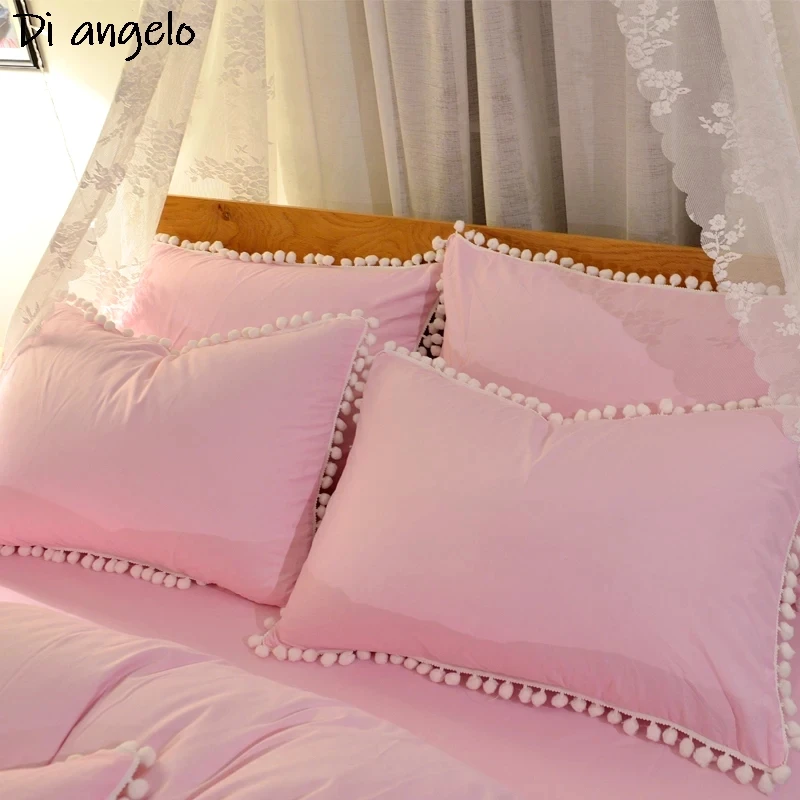 Pink White Gray Pillowcase 2pcs Washed Cotton Fabric Soft Ball edge Pillow Cover For Couple Home Bedding Sleeping Pillow Case#/L