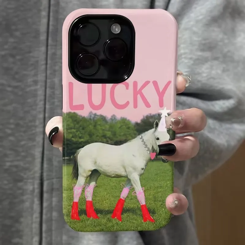 Ins Pink Cartoon Red Boots Horse Phone Case For Samsung Galaxy S23 S24 S25 S26 FE Plus Ultra Edge 4G 5G Double-layer Back Cover