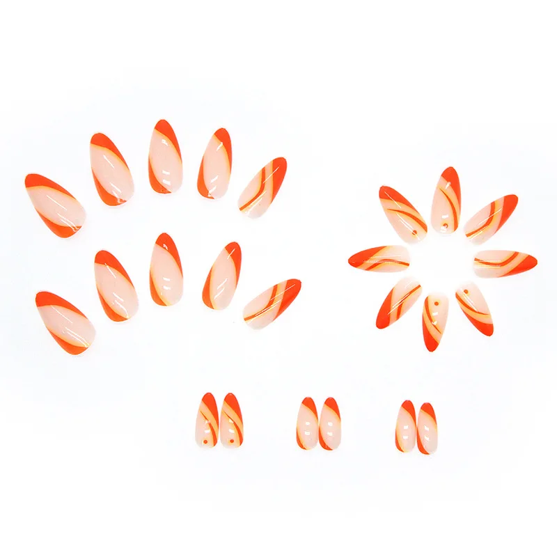 24pcs Simple French Orange Press on Nails with Glue Almond Shape Cheap Nail Tips Full Set Medium Long False Nails for Girls 2024