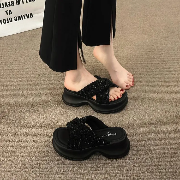 Zapatillas de playa con plataforma para mujer, chanclas bajas de gelatina, calzado de lujo con purpurina, tacones de goma Rom, 2024