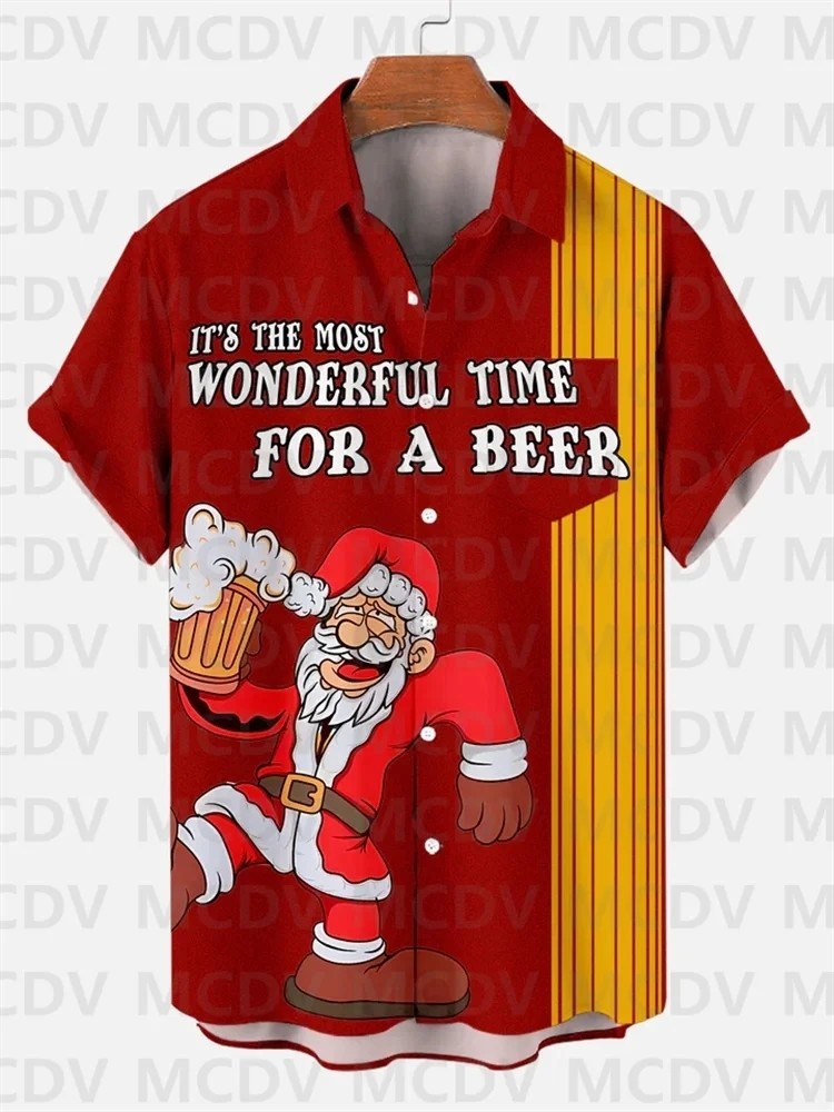 Kemeja Hawaii Merry Xmas Kiss Beer untuk pria motif bunga kasual Natal lucu Santa Harajuku atasan 3D pakaian liburan Motif