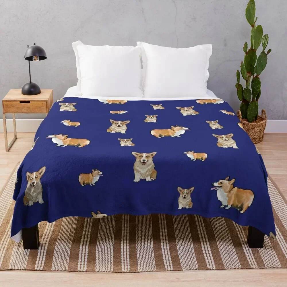 

Corgi Dog Pattern Blue Background Throw Blanket Breathable Lightweight Blanket for Adults Kids