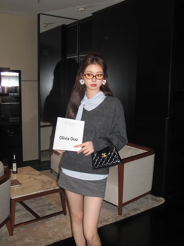 

Olivia Dduo Briti ey Sweater V-Ne Long Sve Autumn Winter Casual Wear Overhead Sle Single Piece Commute Faion