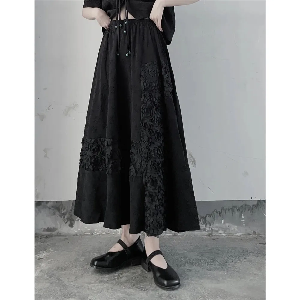 

4xl Black Gothic 3d Flower High Elastic Waist Black Jacquard Asymmetric Half-Body Skirt Women Fashion Tide New Autumn Big Size