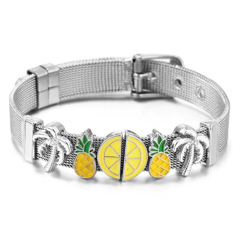 High Quality  10mm Fruit Series Pineapple Beads Charm Bracelets DIY Stainless Steel Mesh Keeper Bracelets Mujer For Women Men