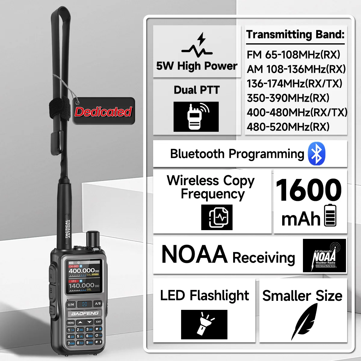 baofeng-5r-ミニデュアルバンドデュアル-ptt-トランシーバー-bluetooth-プログラミング-vox-fm-アマチュア無線機、戦術アンテナ付き狩猟用