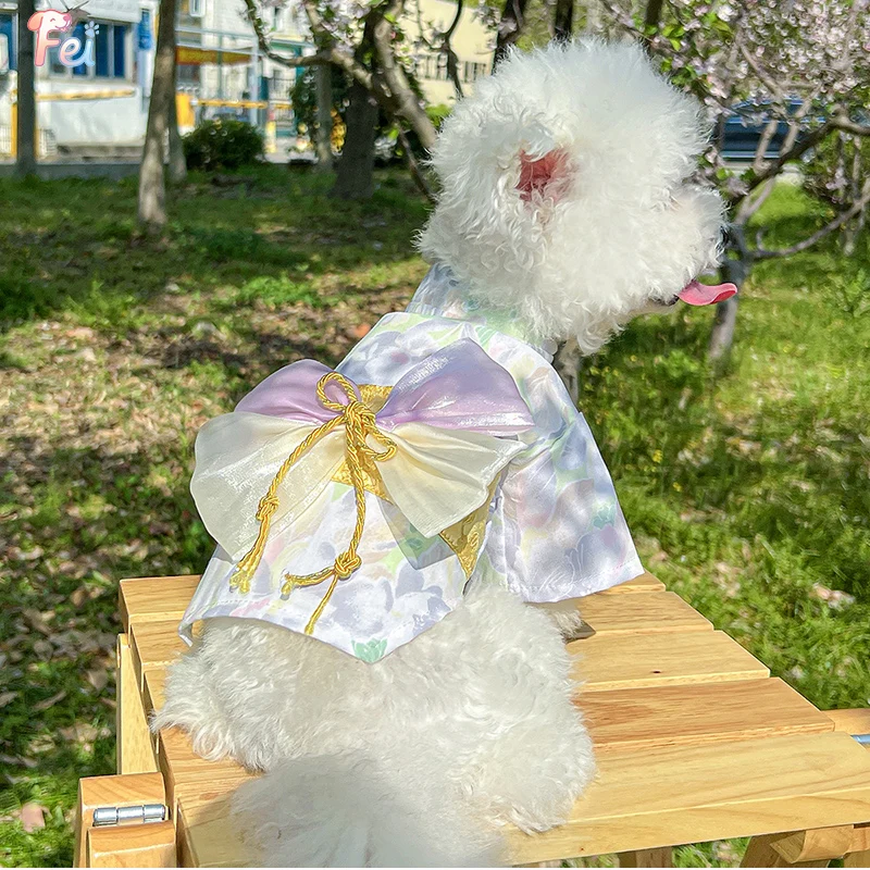 

Spring Summer Japanese Style Pet Kimono Dog Clothes, Traditional Floral Costume for Small Dog, Breathable Party & Daily Apparel