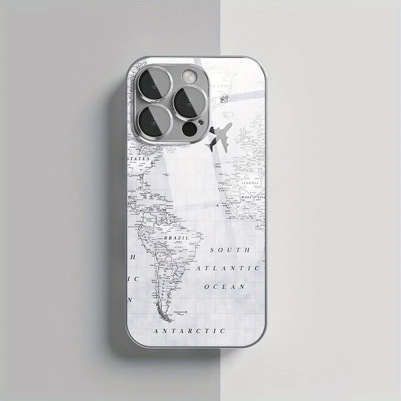 Creative Grey Map Plane Flight Print Pattern Electroplate Phone Case For Samsung Galaxy S25 S24 S23 Ultra Plus FE Glass Cover