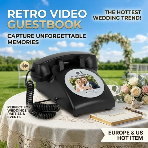 Phone Audio Guestbook Retro Wedding Video Guestbook Phone 1080P Vintage Audio Message Recorder Telephone for Bridal Party Decor Blessing Voice Mail