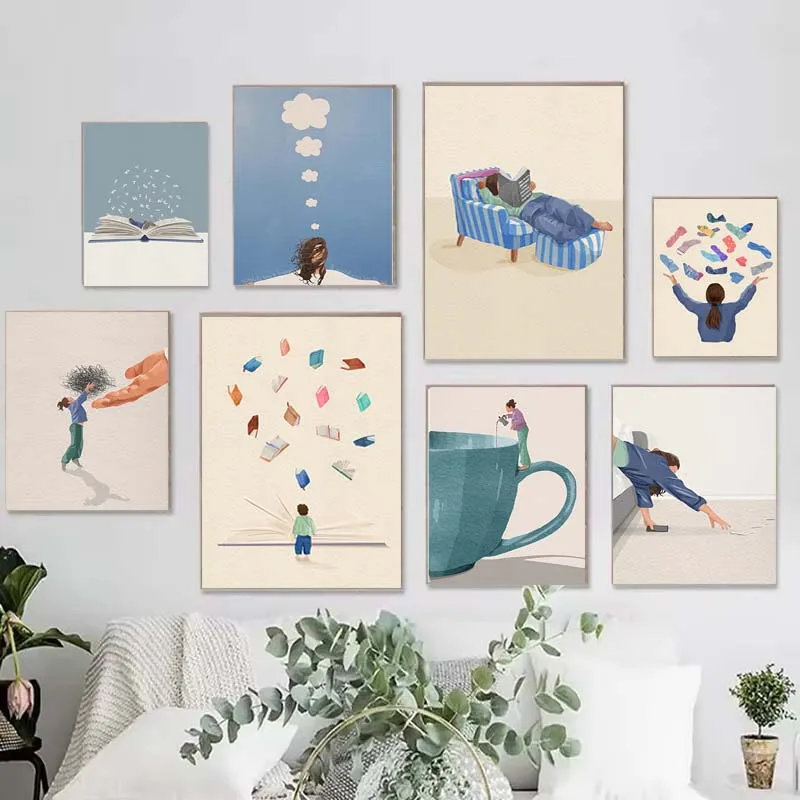 Girl Read Book Balloon Cup Poster Minimalist Daily Life Wall Art Canvas Painting Prints Abstract Pictures for Living Room Dec