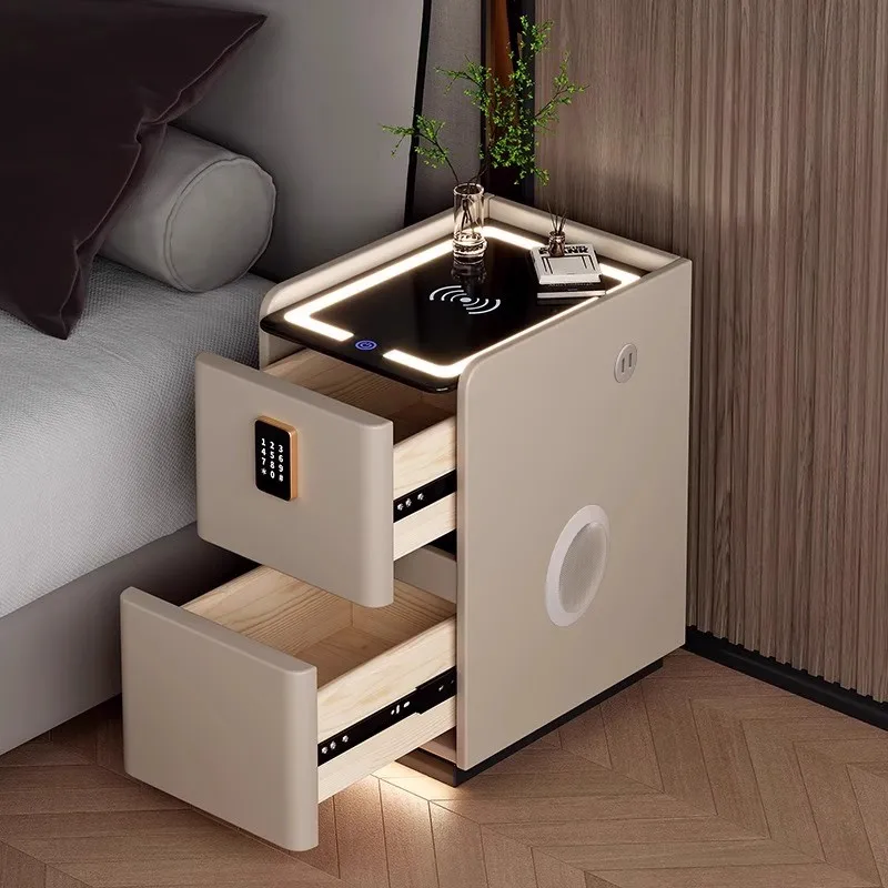 Modern Style Smart Bedroom Nightstand with Wireless Charging Multifunction Wooden Bedside Table with Lock Storage Side Cabinet