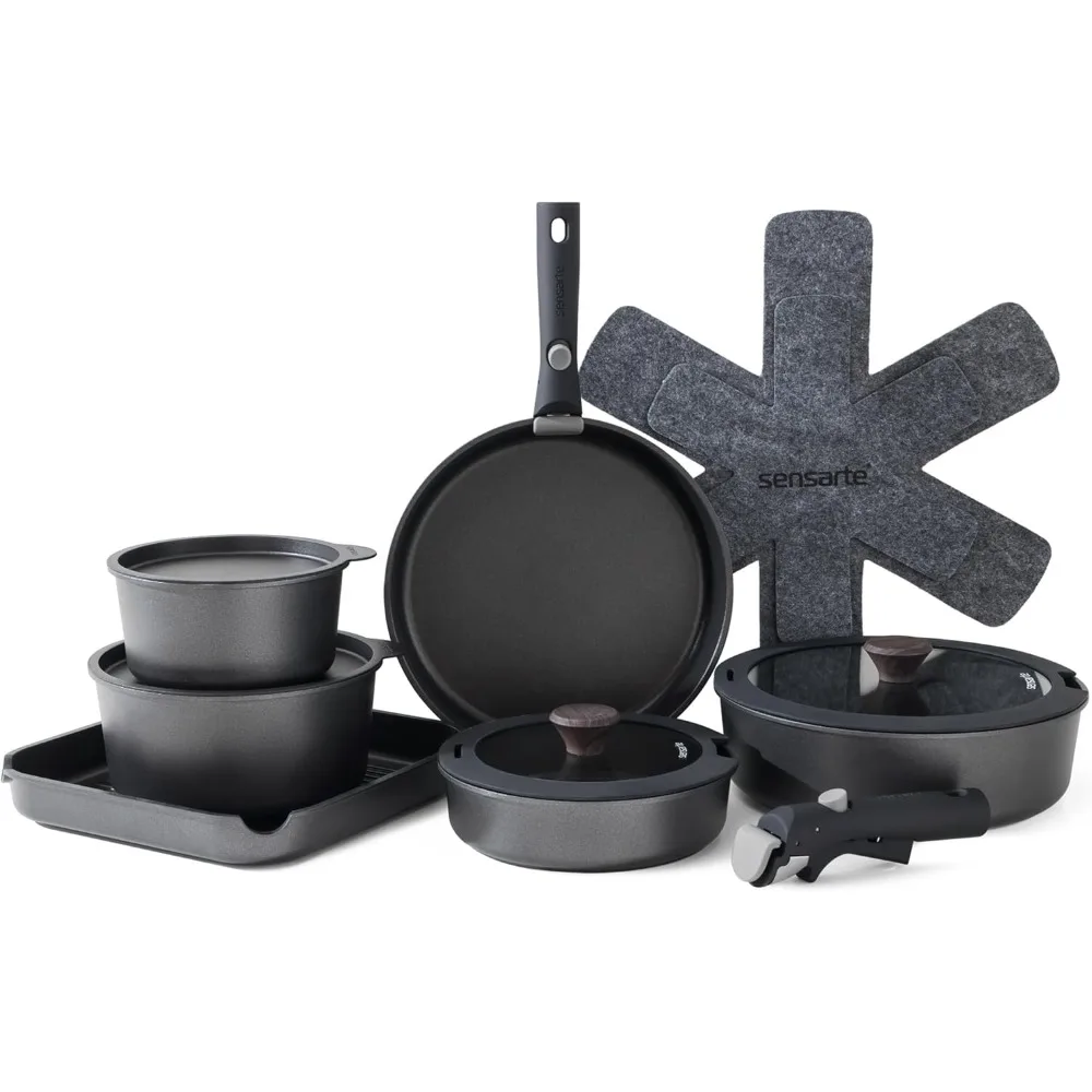 17 Piece Pots and Pans Set, Nonstick Detachable Handle Cookware, Induction Kitchen Cookware Set with Removable Handle