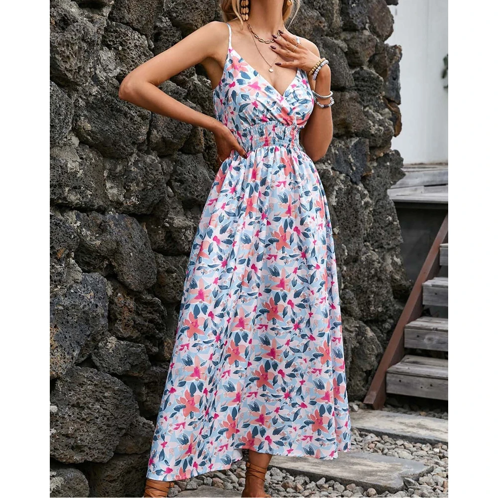 

2024 Women Floral Print Spaghetti Strap Casual Dress Shirring Ruched V-Neck Summer Female Midi Dresses Vacation Sexy Outfits