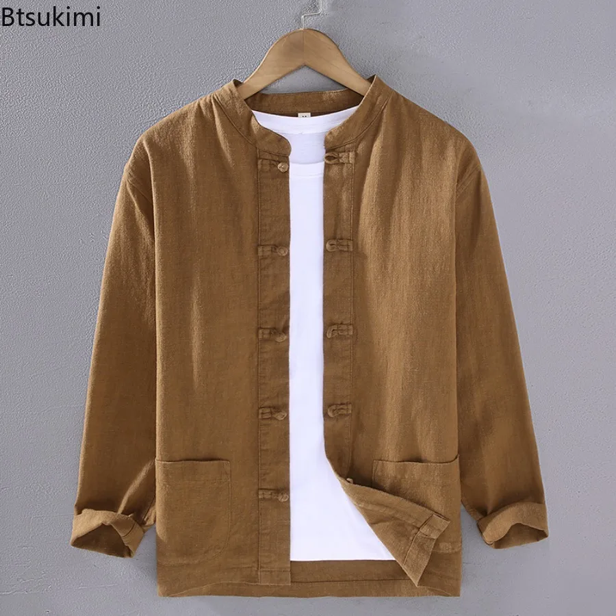 

Chinese Style Men's Cotton Linen Shirt Solid Chinese Frog Long Sleeve Jacket Coats Stand Collar Casual Loose Male Tai Chi Hanfu