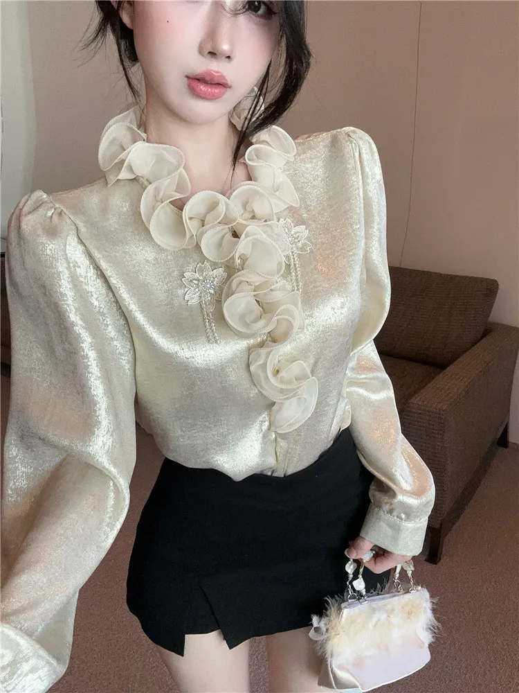 

Self-design French Court Style Ruffles Champagne Shirt New Fall Stand Collar Long Sleeve Glossy Blouse Luxury Celebrity Lady Top