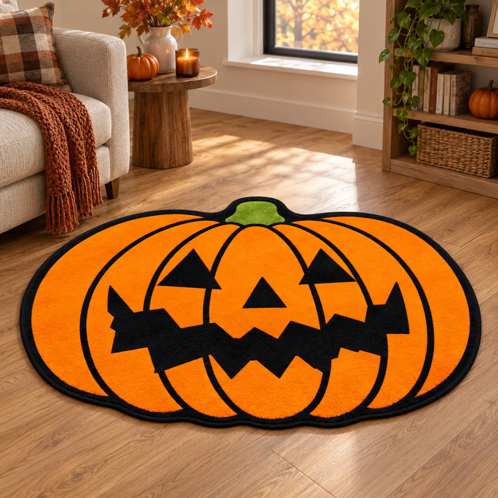 Halloween Jack O Lantern Pumpkin Irregular Rug, Soft Flannel Non-Slip Floor Mat for Bedroom Entryway Decor, Halloween Gift