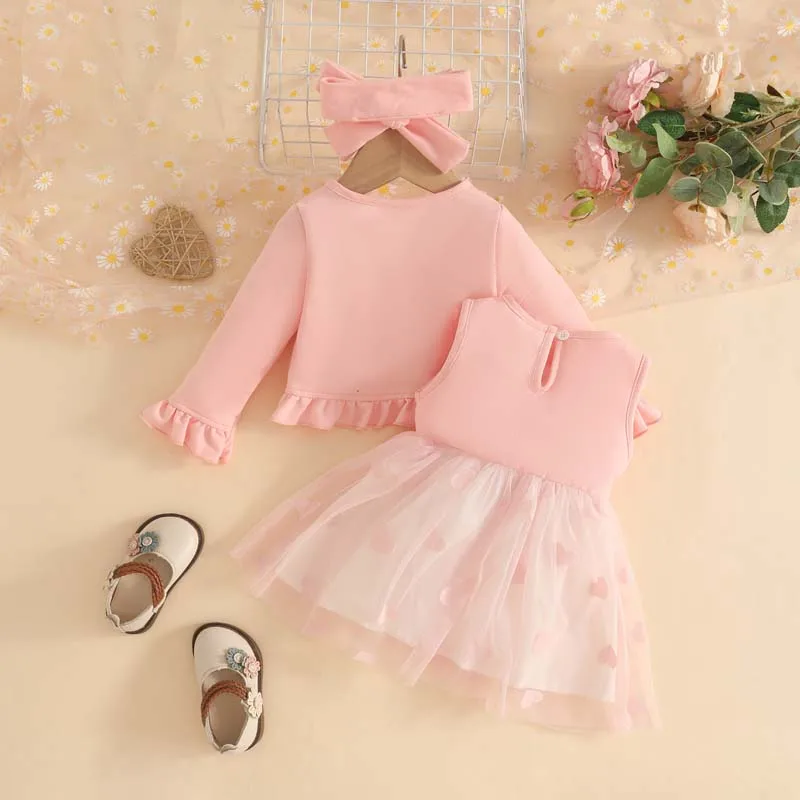 Baby Clothing 3Pcs Sets Girls Sleeveless Tulle Skirt with Bow Print Long-sleeved Jacket and Headband 1–3 Years Infant Outfits