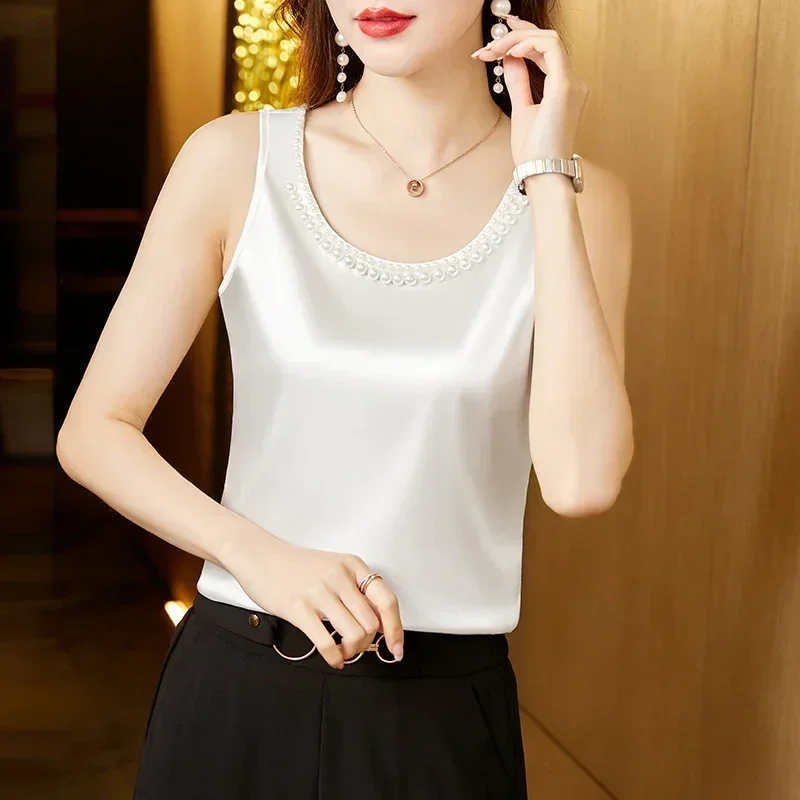 Fashion Satin Blouse Women Tank Tops Pearl Button Fashion Womens Tops Suit Bottom Shirt O-neck Elegant Women Clothing OL Blouses