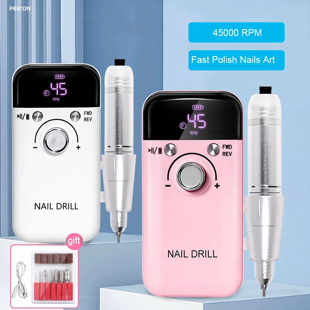 Nail Drill for Gel Nails Polish Salon Nail Equipment Electric Professional Nail Lathe 45000rpm Portable Rechargeable Low Noise