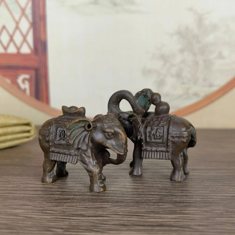 Antique Fu Lu Elephant a Pair of Ornaments Object Incense Holder Tea Ornaments Hand Pieces Antique Alloy Distressed Elephant Orn