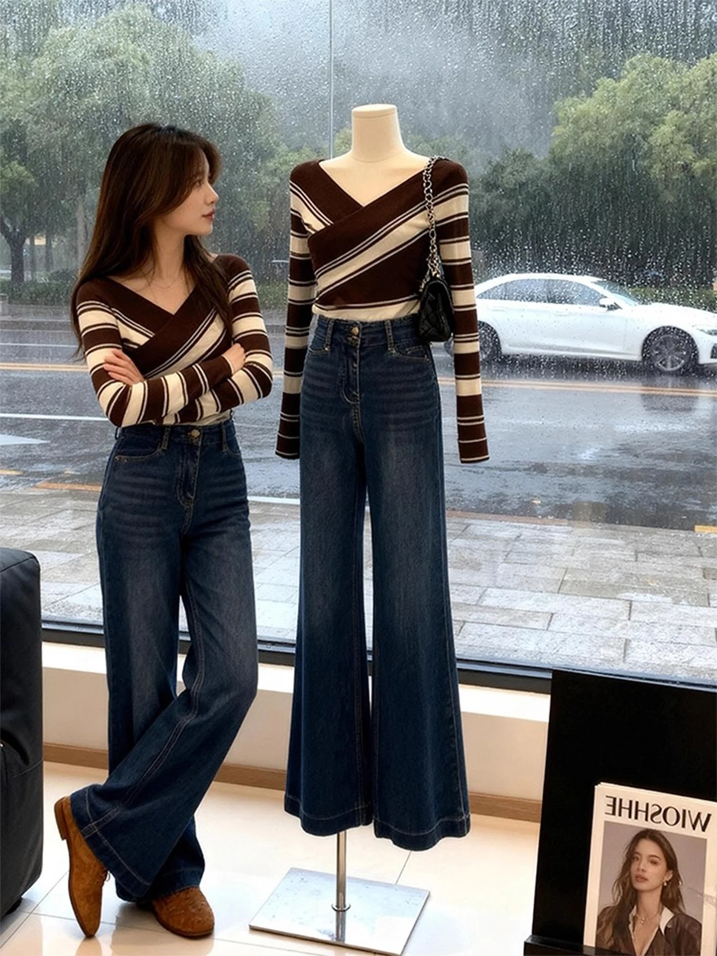 

Sli V-Ne Striped Knitwear Women's Autumn Winter Slimming Age-Defng Faionable Knitted Top Commute Pure E-Commerce