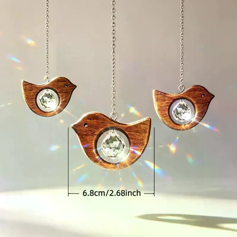 1/3 Pcs Rustic Wooden Bird Sun Catcher Crystal Prism Rainbow Window Hanging Suncatcher For Garden Home Decor Bird Lover Gift