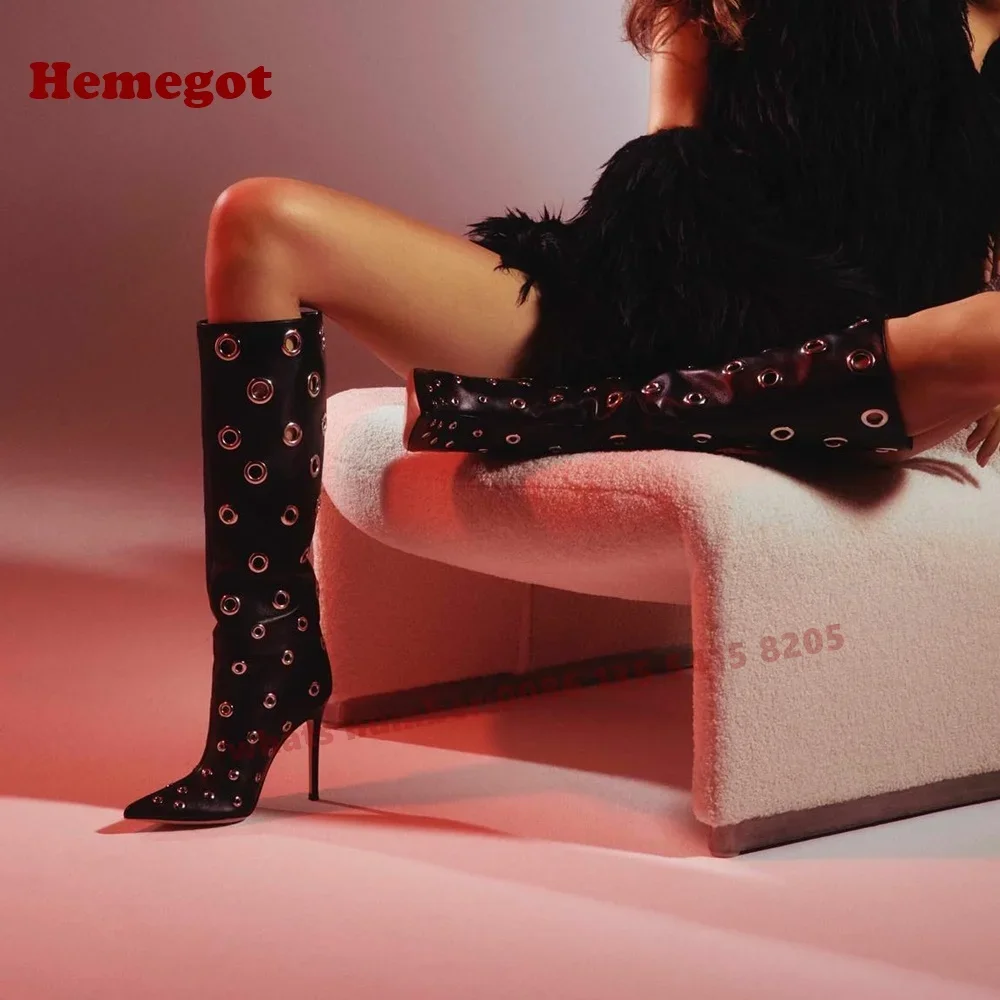 

Черные сапоги на шпильке с дырками, женские сапоги до колена с круглым носком, кожаная зимняя повседневная обувь, новинка 2024, дизайнерская роскошь